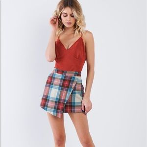 Rust Plaid Asymmetric High Waist Wrap Mini Skort